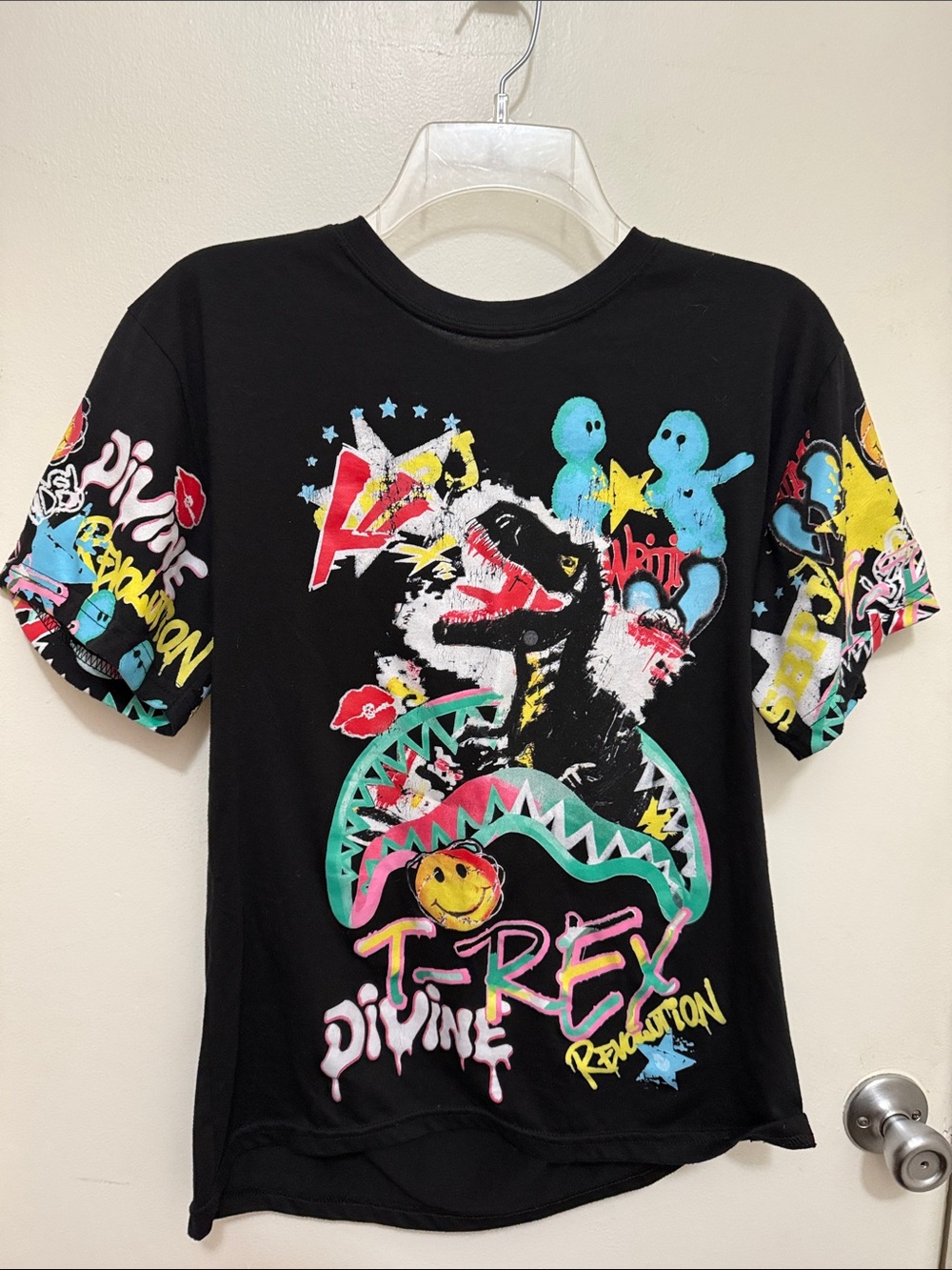 Fresh laundry Kids Short Sleeve Tee with Colorful T-Rex Graphic front and back d
